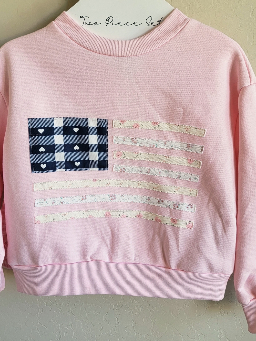 2-Piece Pink Flag Applique Sweatshirt With Matching Skirt